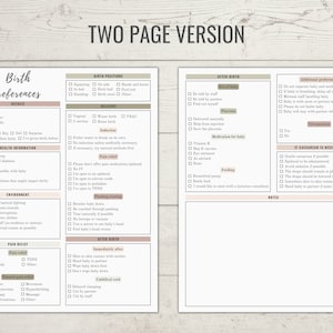 May include: A printable birth preferences checklist with sections for details, health information, environment, pain relief, after birth, and additional preferences. The checklist includes options for birth positions, delivery methods, pain relief methods, and preferences for after birth care.