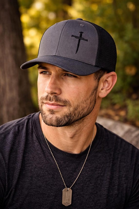 Christian Trucker Hat Nail Cross Mesh Cap Snapback Adjustable Faith Accessory Men Dad Gift Pastor Youth Leader Church Casual Black Charcoal
