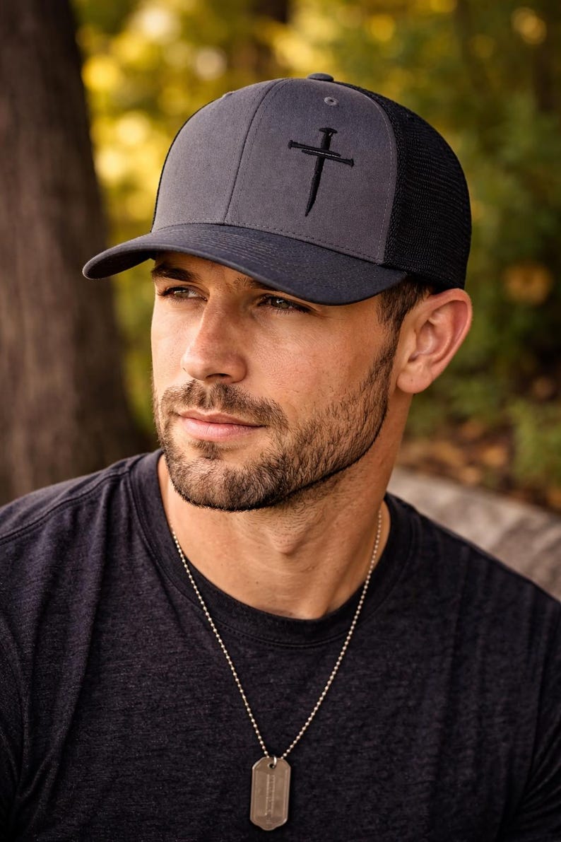 Christian Trucker Hat Nail Cross Design Mesh Cap Snapback Adjustable Faith Accessory Men Dad Gift Pastor Youth Leader Church Casual Black Charcoal Embroidered Premium Quality Construction Comfortable Structured Cap Clean Minimalist Style