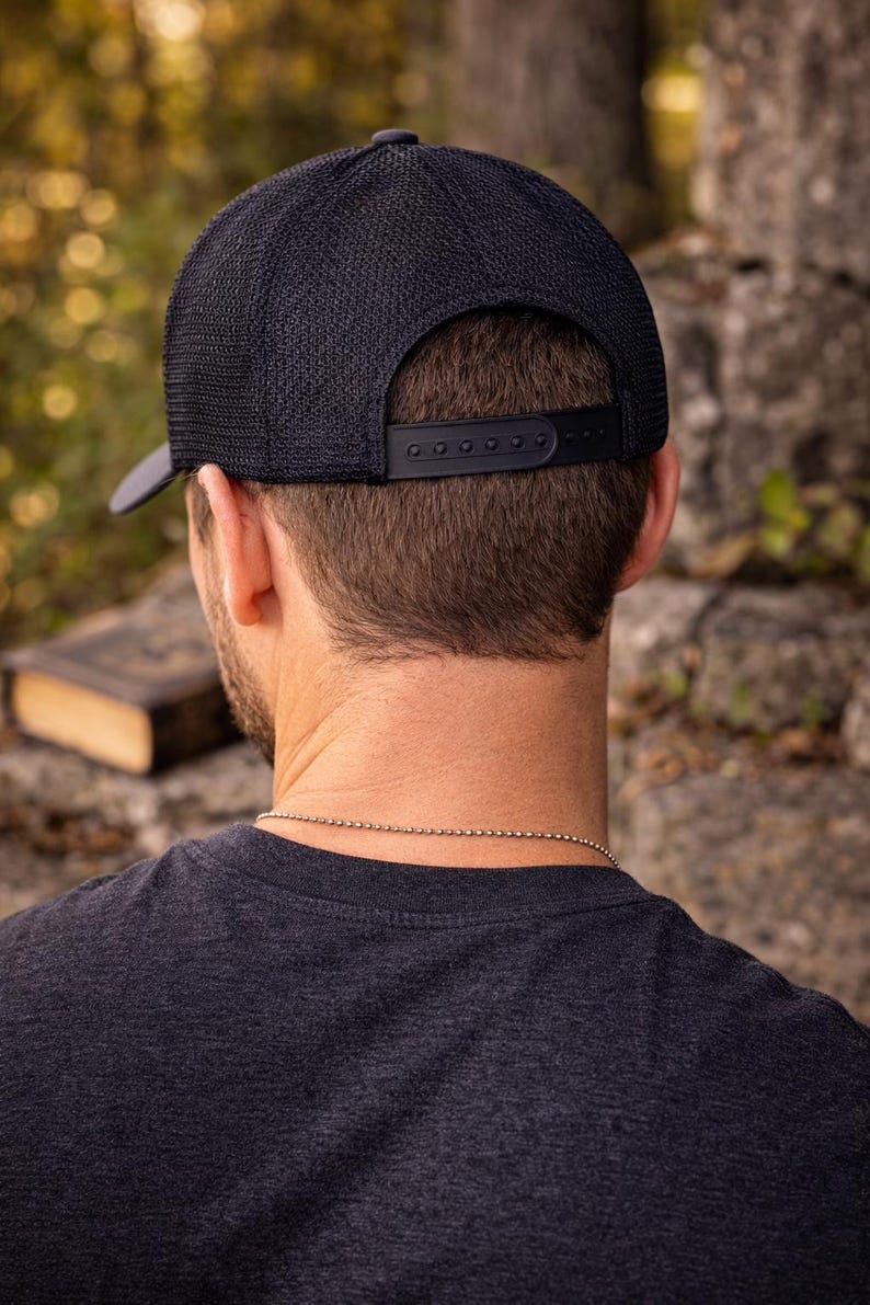 Black Charcoal Trucker Hat Christian Faith Design Nail Cross Embroidery Premium Mesh Cap Snapback Adjustable Comfort Men Dad Style Pastor Youth Leader Gift Church Casual Wear Minimalist Clean Appearance Strong Meaningful Symbol Quality