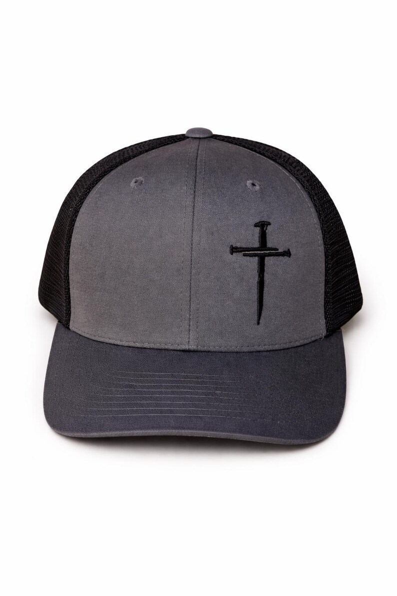 Nail Cross Embroidered Trucker Hat, Christian Snapback Cap, Charcoal Black Mesh Faith Baseball Hat, Religious Believer Gift, Jesus Cap image 9