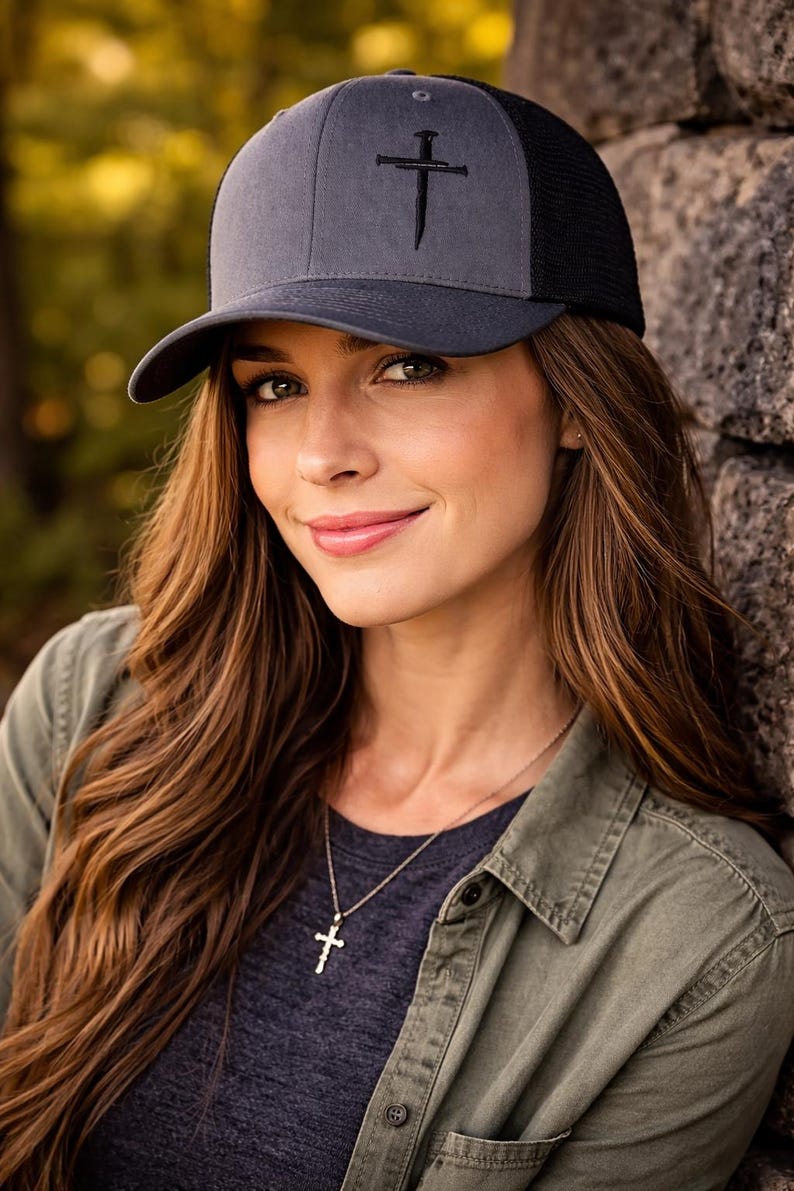 Faith Accessory Gift Christian Trucker Hat Nail Cross Design Pastor Dad Present Youth Leader Apparel Church Community Wear Black Charcoal Mesh Cap Snapback Adjustable Comfort Embroidered Detail Premium Construction Quality Minimalist Style