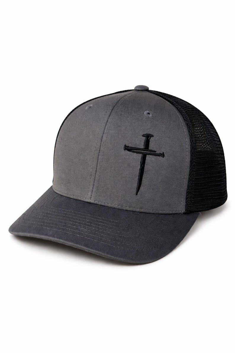 Nail Cross Embroidered Trucker Hat, Christian Snapback Cap, Charcoal Black Mesh Faith Baseball Hat, Religious Believer Gift, Jesus Cap image 8
