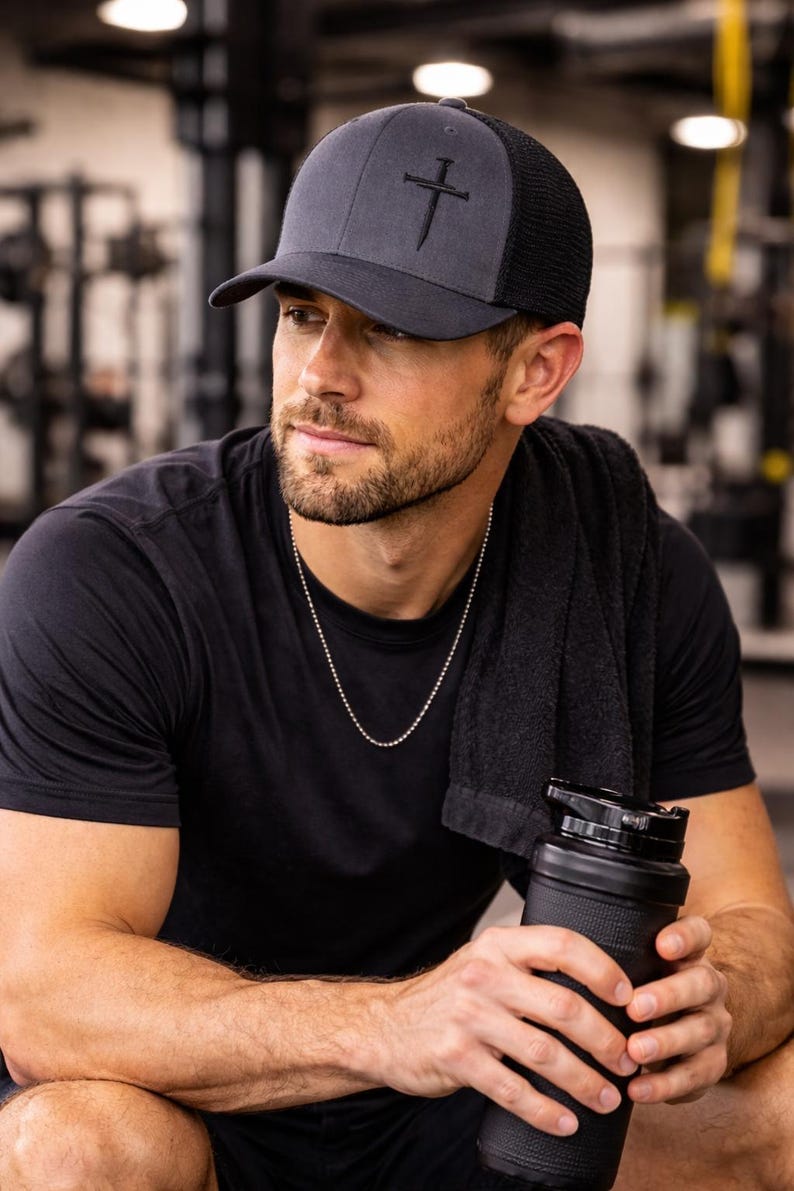 Nail Cross Hat Christian Faith Expression Embroidered Design Trucker Cap Mesh Back Snapback Adjustable Comfort Premium Quality Construction Black Charcoal Color Combination Men Dad Pastor Gift Casual Church Wear Minimalist Religious Symbol