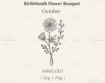 Marigold Flower SVG: October Birth Month Bouquet (SVG, PNG)