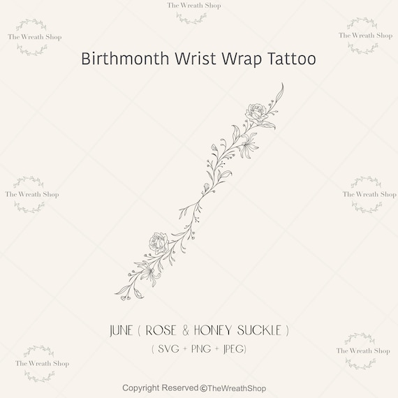 June Birth Flower Tattoo Design: Rose & Honeysuckle Wrist Wrap (SVG, PNG, JPEG Digital Download)