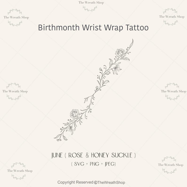 K&ouml;nnte beinhalten: Ein schwarz-wei&szlig;es Linienkunst-Design eines Geburtstags-Handgelenk-Tattoos. Das Design zeigt Rosen und Gei&szlig;blatt, mit dem Text "JUNE (ROSE & HONEY SUCKLE)". Das Bild enth&auml;lt auch den Text "(SVG + PNG + JPEG)".