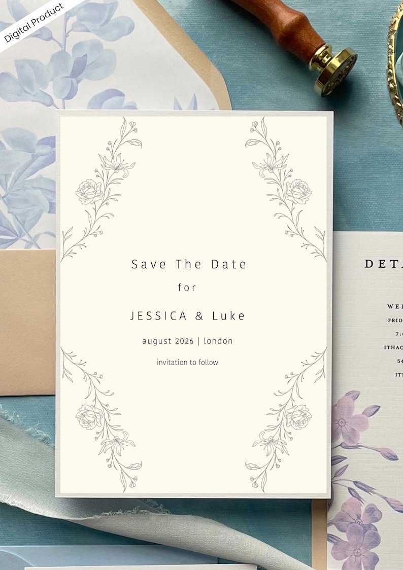 K&ouml;nnte beinhalten: Cremefarbene Hochzeitseinladung mit floralen Eckdesigns. Der Text lautet "Save The Date for JESSICA & Luke, August 2026 | London, invitation to follow." Digitales Produkt.