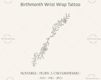 November Birth Flower Tattoo Design: Peony & Chrysanthemum (SVG, PNG, JPEG Digital Download