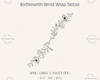 Tatuaggio da polso con fiore di nascita di aprile, margherita e pisello odoroso (download digitale)