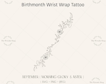 Tatueringsdesign för septemberfödelseblomma: Morgongloria och aster (digital nedladdning av SVG, PNG, JPEG)