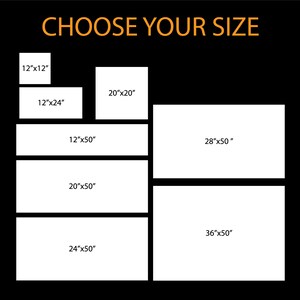 May include: A chart showing different sizes of prints available for purchase. The sizes are listed in inches, with the smallest being 12" x 12" and the largest being 36" x 50".