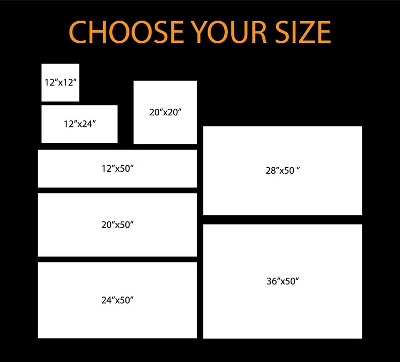 May include: A chart showing different sizes of prints available for purchase. The sizes are listed in inches, with the smallest being 12" x 12" and the largest being 36" x 50".