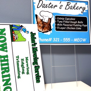May include: Two signs: "Daxter's Bakery" with a cat wearing a chef's hat and a list of cat treats, and "John's Mowing Service" with a lawnmower graphic and "Now Hiring". The bakery sign has a blue background and the phone number 321-555-MEOW.