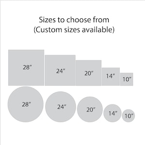 Puede incluir: Imagen que muestra formas cuadradas y circulares en varios tama&ntilde;os, que van desde 25,4 cm hasta 71,1 cm. El texto en la parte superior dice "Tama&ntilde;os para elegir (Tama&ntilde;os personalizados disponibles)".