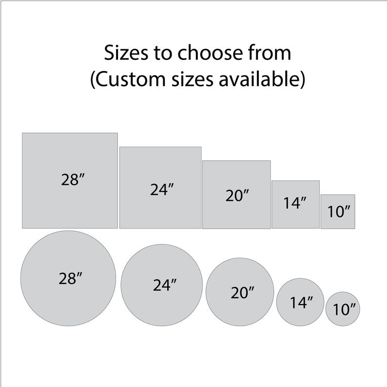 Puede incluir: Imagen que muestra formas cuadradas y circulares en varios tama&ntilde;os, que van desde 25,4 cm hasta 71,1 cm. El texto en la parte superior dice "Tama&ntilde;os para elegir (Tama&ntilde;os personalizados disponibles)".