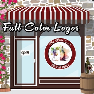 Puede incluir: Ilustraci&oacute;n de un escaparate con un toldo a rayas rojas y blancas. La ventana muestra un logotipo circular para "The Wine Cave" con una botella y una copa de vino. El texto en la ventana dice "Sip and Relax". Las palabras "Full Color Logos" est&aacute;n encima.