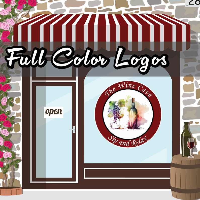 Puede incluir: Ilustraci&oacute;n de un escaparate con un toldo a rayas rojas y blancas. La ventana muestra un logotipo circular para "The Wine Cave" con una botella y una copa de vino. El texto en la ventana dice "Sip and Relax". Las palabras "Full Color Logos" est&aacute;n encima.