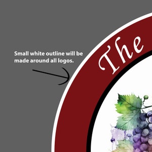 Puede incluir: Ilustraci&oacute;n de acuarela de uvas con hojas verdes y la palabra "The" en blanco sobre un fondo burdeos. La imagen tiene un borde blanco y un fondo gris. Tambi&eacute;n est&aacute; presente el texto "Small white outline will be made around all logos".