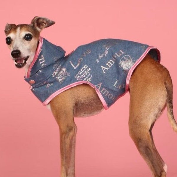 Denim Dog Coat - Light Blue Faded, Stylish Spring Dog Coat, LOVE Metallic Embossed in 3 Different Languages, Removable Hood + Leash Hole!