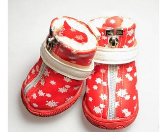 Winter Dog Shoes That Stay On | Waterproof Red Snowflake Dog Booties, Polar Fleece Lining Paw Protection (Set of 4)