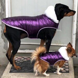 Metallic Purple Winter Dog Jacket | Waterproof Fleece Lined Puffer with Leash Hole and Removable Hood (XXS–XXL)