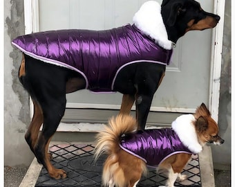Metallic Purple Winter Dog Jacket | Waterproof Fleece Lined Puffer with Leash Hole and Removable Hood (XXS–XXL)