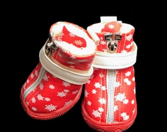 Dog Boots That Stay ON  Waterproof  Dog Boots  Red Dog Shoes  XXS-M  Red Snowflakes Booties. Comes with 4!