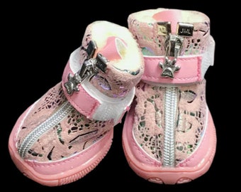 Dog Boots That Stay ON - Waterproof  Dog Boots  Pink Dog Shoes  XXS-M  Pink & Silver Shimmer Booties! Comes with 4!