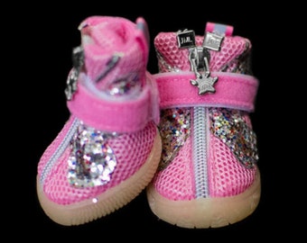 Dog Boots/Shoes That Stay ON  Waterproof  Dog Boots  Pink Dog Shoes  XXS-M  Pink Glitter Mesh Dog Booties. Comes with 4!