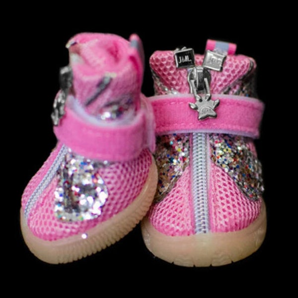 Dog Boots/Shoes That Stay ON  Waterproof  Dog Boots  Pink Dog Shoes  XXS-M  Pink Glitter Mesh Dog Booties. Comes with 4!