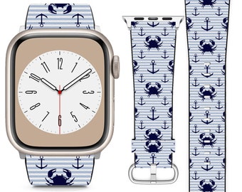 Krabbe und Anker auf Streifen für Apple Uhrenarmband iWatch Strap für SE 9 8 7 6 5 4 3 2 1 Ultra, 38 mm 40 mm 41 mm 42 mm 44 mm 45 mm 49 mm