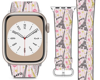Vintage Paris Eiffel Tower Theme For Apple Watch Band iWatch Strap For Series SE 9 8 7 6 5 4 3 2 1 Ultra, 38mm 40mm 41mm 42mm 44mm 45mm 49mm