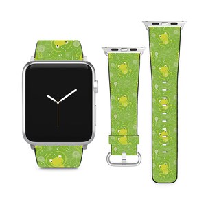 May include: A green Apple Watch band with a pattern of frogs and flowers. The band is shown against a white background.