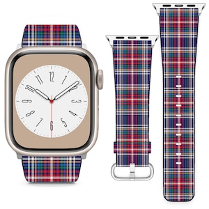 May include: A watch band with a plaid pattern in red, blue, green, and white. The band is shown on a silver Apple Watch.