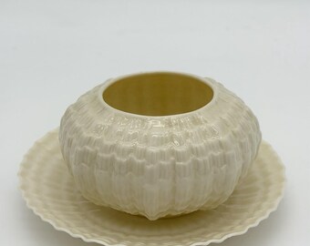 Belleek Ireland Tridacna Open Sugar Bowl & Saucer Sea Shell Porcelain Set 2 PCs
