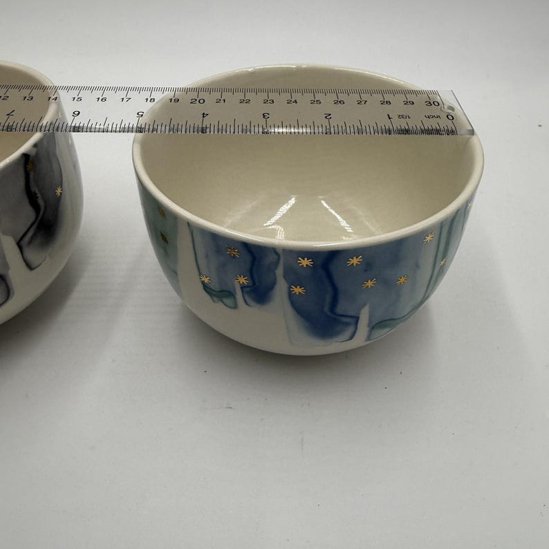 Anthropologie Night Sky Bowl Stoneware Blue Teal Drip Watercolor Wash Gold Star image 9