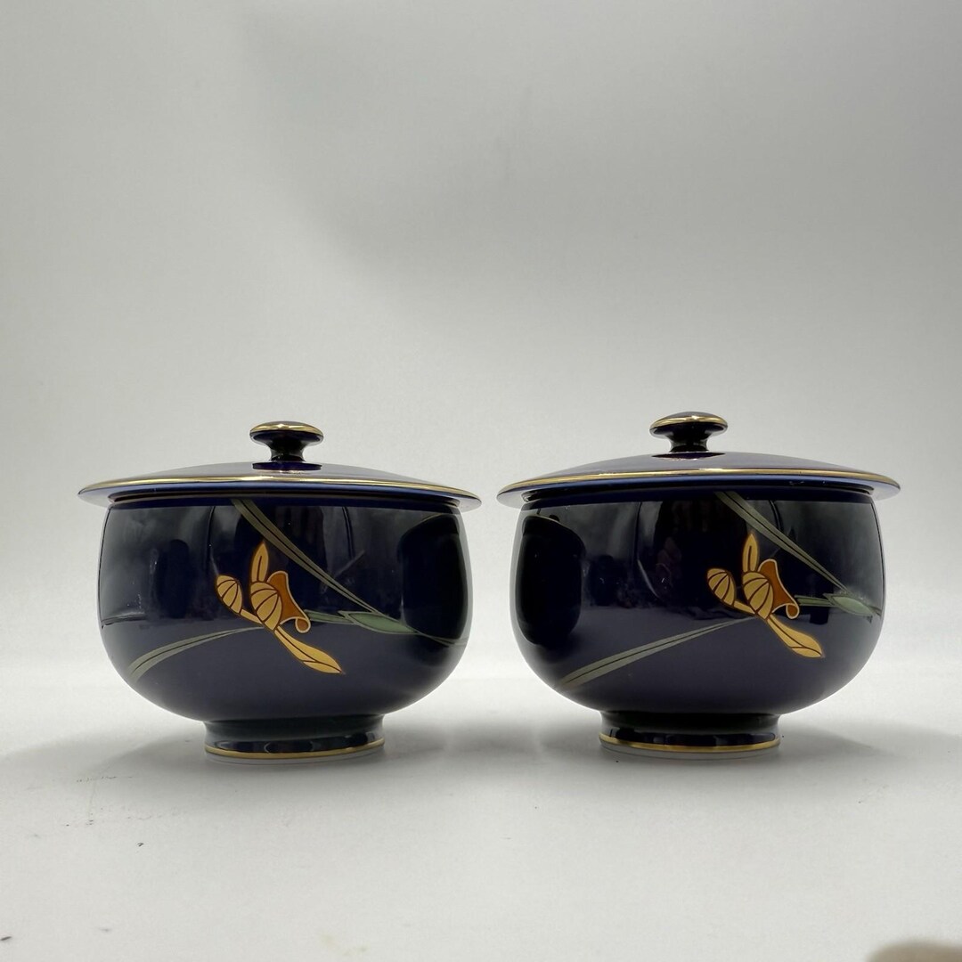 Arita Ware Retro Koransha Lapis Gold Tea Cups With Lid Blue Cobalt