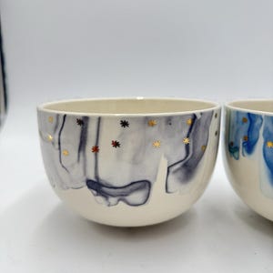 Anthropologie Night Sky Bowl Stoneware Blue Teal Drip Watercolor Wash Gold Star image 2