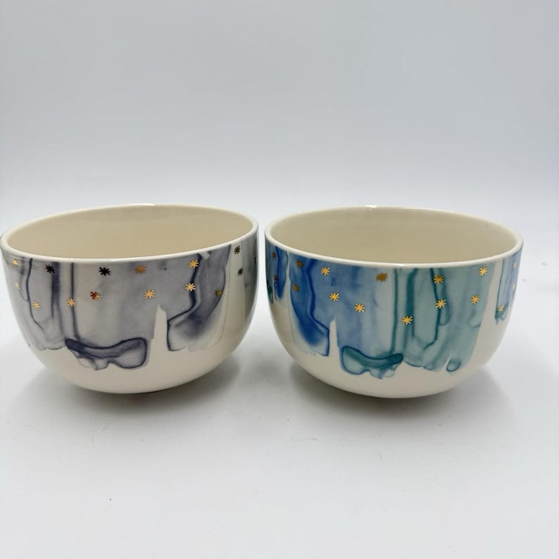 Anthropologie Night Sky Bowl Stoneware Blue Teal Drip Watercolor Wash Gold Star image 1