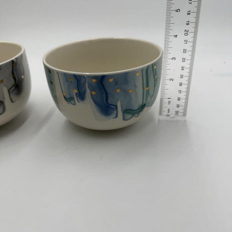Anthropologie Night Sky Bowl Stoneware Blue Teal Drip Watercolor Wash Gold Star image 8