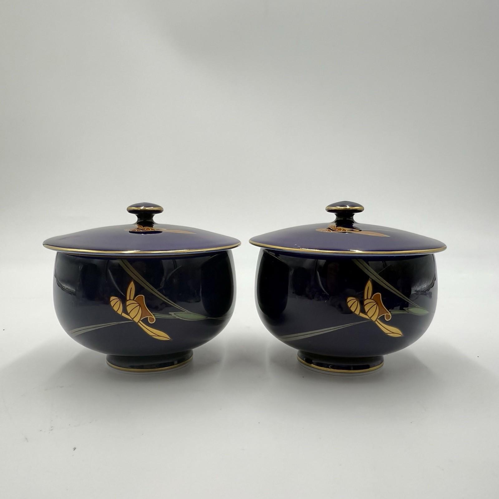 Arita Ware Retro Koransha Lapis Gold Tea Cups With Lid Blue Cobalt
