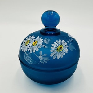 Westmoreland Blue Satin Glass Lidded Trinket Vanity Dish Hand painted Daisies