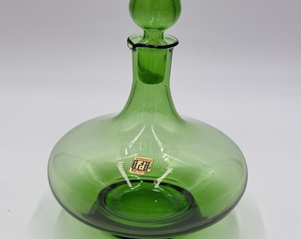 MCM Peedee Art Glass Green Decanter Italy 7” W/stopper Wayne Husted of Blenko