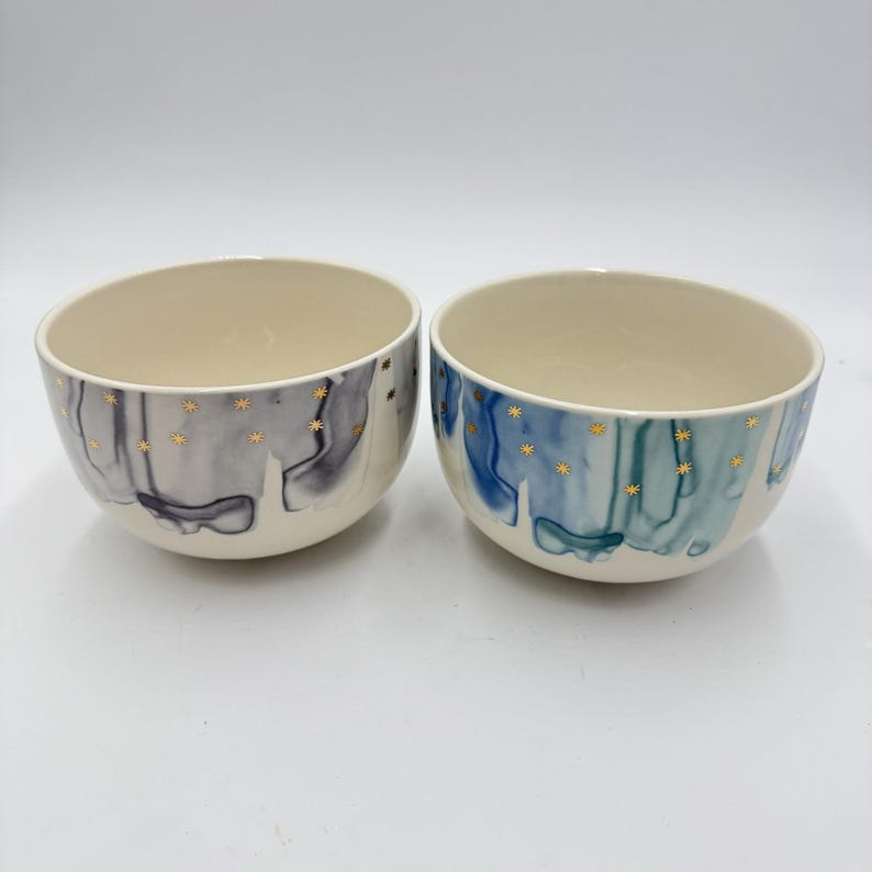 Anthropologie Night Sky Bowl Stoneware Blue Teal Drip Watercolor Wash Gold Star image 4