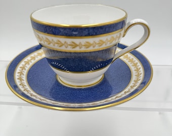 Taza de té y platillo de porcelana Spode CRAVEN con diseño inglés, color azul y dorado Lauren