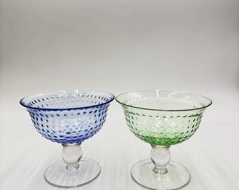 Coppia di bicchieri da dessert/sorbetto/bicchieri in vetro artistico blu e verde vintage Hobnail