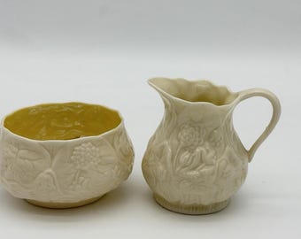 Belleek Ireland porcelain Lotus pattern creamer and open sugar bowl set Vintage