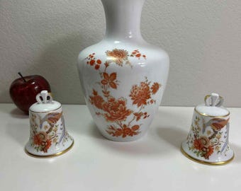 Kaiser Germany Vase & Bells Set Vintage Porcelain Floral 3 Pieces