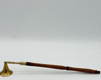 Vintage Brass /Wood Carved Handle Candle Snuffer 12” Retro Mid Century